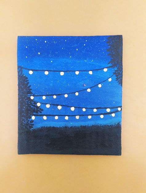 Star Canvas Painting Easy, Street Light Canvas Painting, Street Lights At Night Drawing, Night Cityscape Painting, Night Time Paintings Easy, Cute Easy Paintings, Stars Light, Christmas Tree Drawing, Night Sky Painting