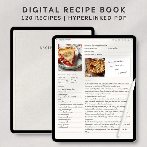 ~ Digital Recipe Book ~  ⭐ Write and organize your recipe in one place. This digital recipe book allows you to keep 120 recipe pages. It also include weekly meal planner, kitchen measurement conversion chart, shopping list, recipe idea pages, note page and to do list page. You will also be easy to locate each page with hyperlinked icons.  In each recipe page, you can add the ingredients , instructions , notes and pictures using PDF annotation apps like Goodnotes and Notability on your iPad or tablet. You can also use on your phone to look at your recipes when you are cooking or to look at your shopping list when you are going for grocery shopping. You will only need the same PDF annotation app on your phone to use.  ⭐ What you will receive: * A Digital Recipe Book PDF File ⭐ What templates Recipes Notebook, Kitchen Measurement, Measurement Conversion Chart, Measurement Conversion, Digital Cookbook, Digital Recipe Book, Food Planner, Kitchen Measurements, Recipe Journal