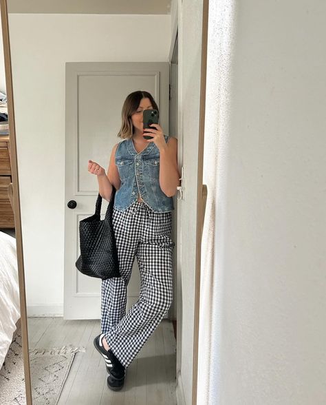 Bethany M. Poteet (@bethanympoteet) • Instagram photos and videos  Spring Outfit | gingham pants, Adidas Sambas and Denim Vest Pin Stripe Overalls Outfit, Outfits With Gingham Pants, Black And White Gingham Pants Outfit, Black Gingham Pants Outfit, Gingham Pants Outfit Street Style, 2024 Summer Fashion, Lazy Work Outfit, Gingham Pants Outfit, Patterned Pants Outfit