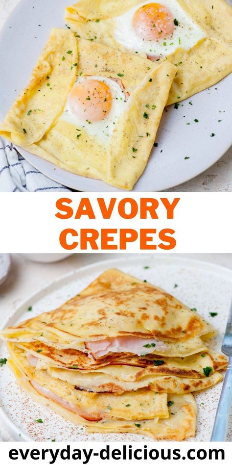 These delicious savory crepes are filled with ham, cheese, and eggs with gooey runny yolks. You can serve them as a savory breakfast or a light vegetarian dinner. They’re super quick and easy to make! Light Vegetarian Dinner, Cooked Sandwiches, Crepes Ideas, Crepe Fillings, Crepes Sweet, Recipe Crepes, Savory Crepes Filling, Savoury Crepes, April Recipes