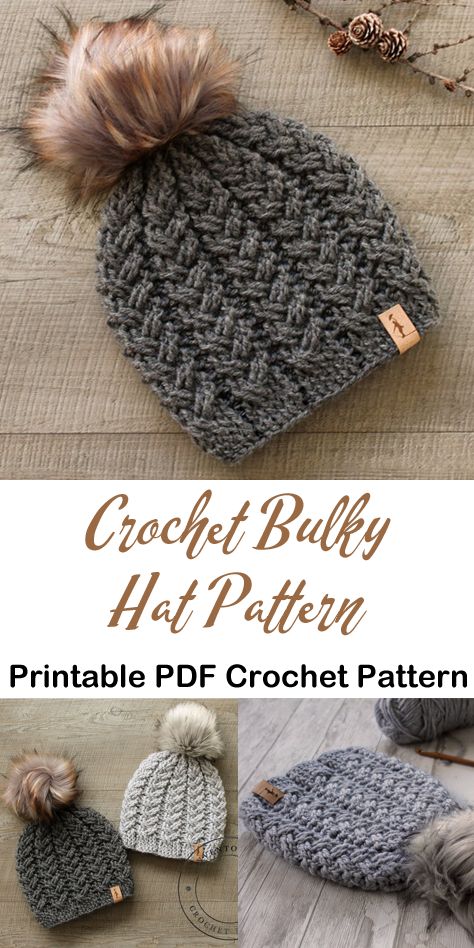 bulky hat cable crochet patterns- winter hat crochet pattern- amorecraftylife.com #crochet #crochetpattern #diy Winter Hat Crochet Pattern, Bulky Yarn Crochet, Crochet Baby Hat, Easy Crochet Hat, Yarn Hats, Crochet Hat Free, Crochet Knit Hat, Bonnet Crochet, Crochet Beanie Pattern