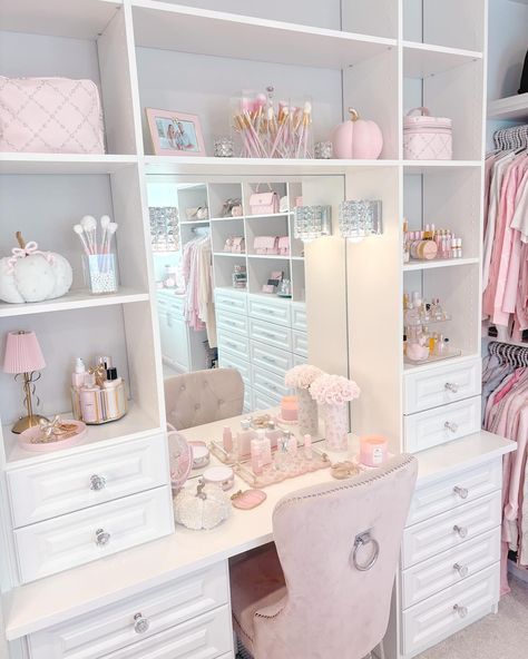 So much has happened since the last time I posted can't wait to share with you all 🥰🎀🩷 #vanity #makeupvanity #closetdesign #closet Vanity Ideas Bedroom Pink, Pink Dresser Decor, Teen Bedroom Vanity, Vanity Ideas Closet, Fashion Themed Bedroom, Shared Teen Room, Pink Vanity Aesthetic, Vanity Ideas Aesthetic, Pink Closet Aesthetic