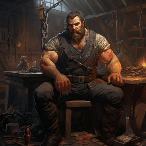 Musclebear blacksmith Bruiser Character, Blacksmith Rpg, Blacksmith Character Design, Dnd Blacksmith, Fantasy Blacksmith, Blacksmith Character, Mens Pictures, Big Muscle, Fantasy Male