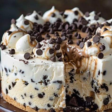 optimal recipes | 🤎🤍  Irresistible Chocolate Chip Cookie Dough Ice Cream Cake 🤍🤎 | Facebook Chocolate Chip Cookie Dough Ice Cream Cake, Chocolate Cookie Dough Cake, Ice Cream Cake Aesthetic, Chocolate Ice Cream Aesthetic, Cookie Dough Ice Cream Cake, Optimal Recipes, Chocolate Chip Cookie Dough Ice Cream, Food Reference, Ice Cream Cakes