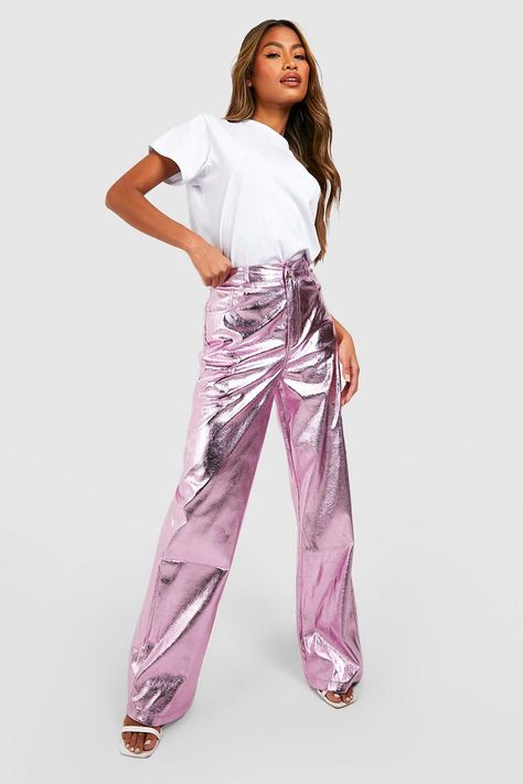 Metallic Pink Pants, Metallic Pink Outfit, Pink Metallic Pants Outfit, Pink Metallic Pants, Metallic Pants Outfit, Pink Leather Pants, Petite Palazzo Pants, Disco Vibes, Full Length Pants