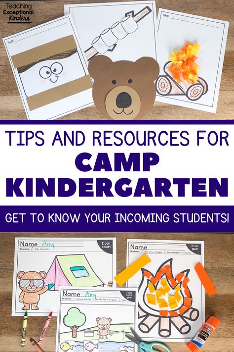 Camp kindergarten crafts and worksheets Camp Kindergarten Activities, Kindergarten Bootcamp Ideas, Kindergarten Roundup Ideas, Kindergarten Camping Activities, Camping Literacy Night, Kindergarten Round Up Ideas, Camp Day At School, Summer Kindergarten Prep, Camping Theme Kindergarten