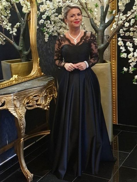 Evening Dresses Online, Satin Evening Dresses, Evening Gown Dresses, Black Prom, Lace Dress With Sleeves, A Line Prom Dresses, Dresses 2023, Mothers Dresses, Lace Evening Dresses