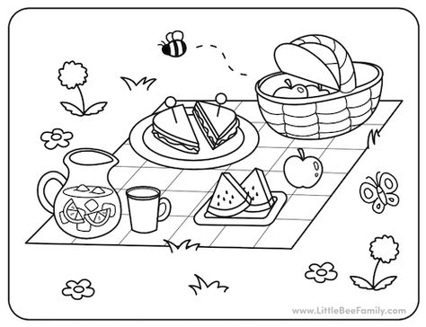 Picnic Coloring Page Picnic Themed Activities For Kids, Picnic Worksheets Preschool, Picnic Food Drawing, Drawing Scenery For Kids, Coloring Food Pages, Picnic Drawing Easy, Picnic Crafts For Toddlers, Picnic Activities For Kids, Picnic Doodle