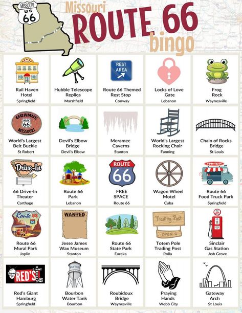 Rt 66 Road Trip, Route 66 Theme, Route 66 Attractions, Route 66 Trip, Road Trip Bingo, Arizona Aesthetic, Printable Road, Route 66 Road Trip, Road Trip Routes