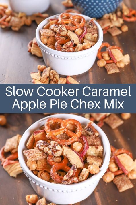 Snack Mix With Apple Jacks, Slow Cooker Caramel Apples, Crock Pot Chex Mix Recipes Slow Cooker, Apple Trail Mix Ideas, Crockpot Fall Chex Mix Recipes, Apple Chex Mix Recipes, Fall Chex Mix Recipes Crock Pot, Apple Pie Chex Mix Recipe, Slow Cooker Snack Mix Recipes