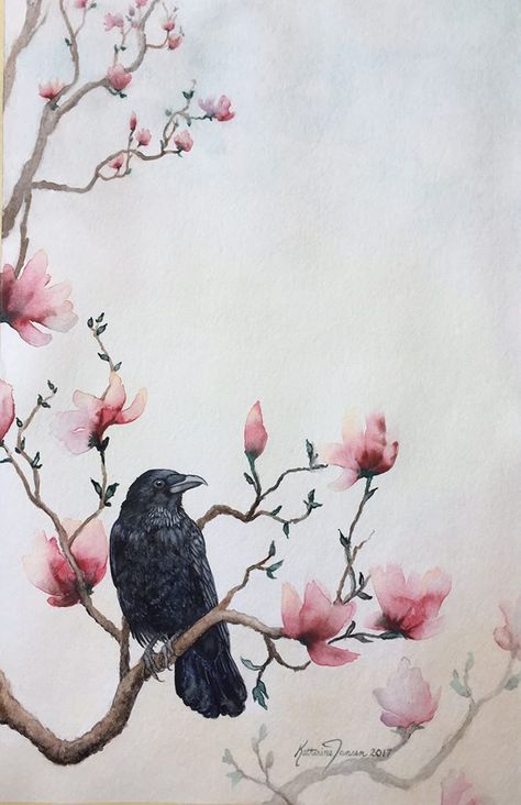 Watercolor Magnolia Tree, Chinese Magnolia Tattoo, Magnolia Branch Drawing, Watercolor Tree Branch, Magnolia Tree Tattoo Sleeve, Bird On Tree Drawing, Magnolia Tree Art, Japanese Magnolia Tattoo, Tree Branches Painting