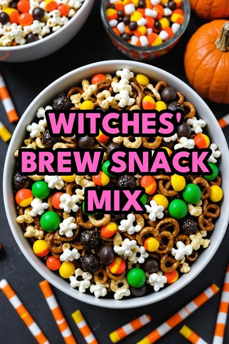 A photo of a  Witches' Brew Snack Mix which is a type of halloween snack mix Witch’s Brew Snack For Kids, Halloween Snacks For Preschool Party, Salty Halloween Snacks For Party, Witches Brew Snack Mix Recipe, Easy Halloween Chex Mix Recipes, Halloween Sweet And Salty Snack, Halloween Salty Treats, Salty Snacks For Halloween Party, Monster Trail Mix Recipes