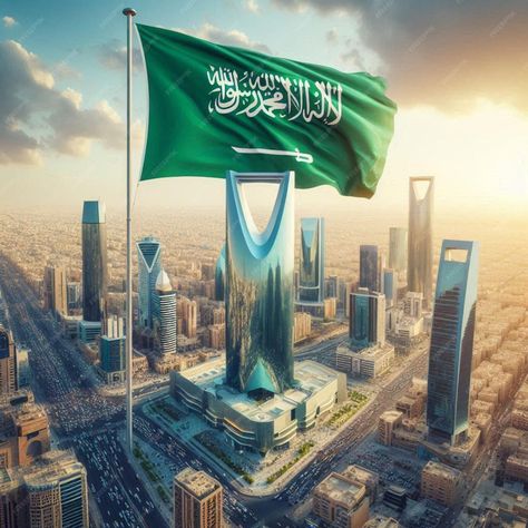 View of Riyadh city with the green flag of Saudi Arabia and towers in the background | Premium AI-generated image Flag Of Saudi Arabia, Riyadh City, Saudi Arabia Flag, Green Flag, Riyadh Saudi Arabia, Free Business Card Mockup, Business Card Maker, Flyer Maker, Poster Maker