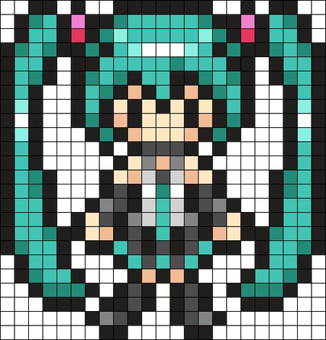 Hatsune Miku Alpha Pattern, Blue Lock Perler Beads, Hatsune Miku Perler Beads Pattern, Perler Bead Patterns Characters, Miku Kandi Pattern, Fnaf Melty Beads, Miku Sprite, Miku Pixel Art Grid, Perler Art Ideas