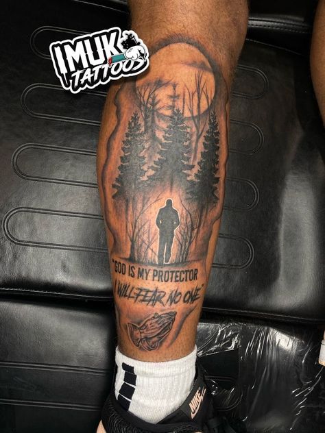 Determined To Succeed Tattoo, Calf Tattoo Men Ideas Inspiration, Mens Half Leg Sleeve Tattoo Ideas, Leg Tattoo Men Meaningful, Inner Calf Tattoo Men, Inside Leg Tattoo Men, Inner Leg Tattoo For Men, Dope Men Tattoos, Fore Arm Tattoo Men Ideas