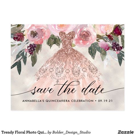 Rose Gold Gown, Rose Gold Quinceanera, Pearl Background, Save The Date Postcard, Floral Save The Dates, Save The Date Postcards, Save The Date Magnets, Floral Photo, Sweet 16 Birthday