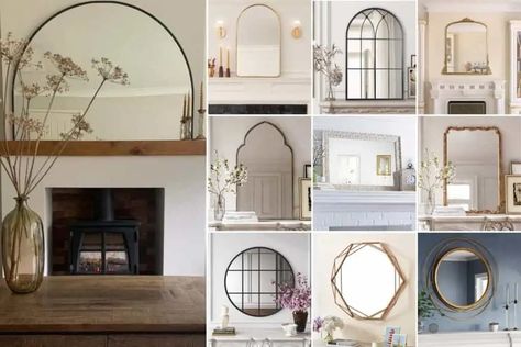 16 Styles Of Mirrors For Above The Fireplace - Restore Decor & More Over Mantle Mirror Ideas, Mirror On Brick Fireplace, Leaning Mirror On Fireplace Mantle, Above Fireplace Mirror, Mirror Mantel Decorating Ideas, Round Mirror Mantle Decor, Fireplace With Mirror Above, Round Mirror Above Fireplace, Mirror Above Fireplace Mantle