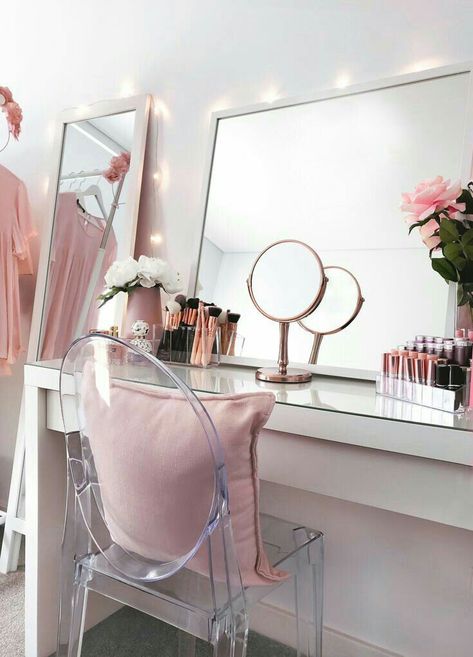 Show off your accessories with an acrylic ghost chair. Its transparent properties mean delicate styling wont go unnoticed! Makeup Room Design, Ikea Makeup Vanity, Ikea Malm Dressing Table, Malm Dressing Table, Ikea Mirror, Diy Makeup Storage, Dream Office, Vanity Room, Ikea Malm