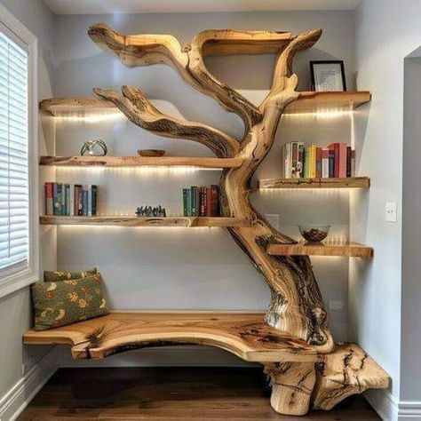 Tree Corner Bookshelf, Tree Branch Bookshelf, Modernize Old Home, Bookshelves Tree, Wooden Book Shelves, Diy Wooden Bookshelf, Bookshelf Tree, Tre Kunst, Tree Shelf