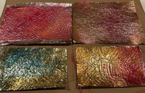 Art With Aluminum Foil, Painting On Tin Foil, Painting On Aluminum Foil, Aluminum Foil Art Diy, Painting On Foil, Washer Crafts, Aluminum Foil Crafts, Texture Techniques, Things Paint