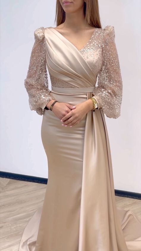 DRESS BY BEYZA SENER 👗 | available beige/green/black €180 34 36 38 40 42 #dressesonline #eveningdresses #dressshopping #longdresses #shortdresses #elegantdresses… | Instagram Long Dress Gowns Elegant, Beige Dress Outfit Wedding, Elegant Dress Design, Beige Formal Dress, Long Dress For Wedding, Women Dress Design, Dresses Soirée, Dress Soiree, Long Evening Dresses Elegant