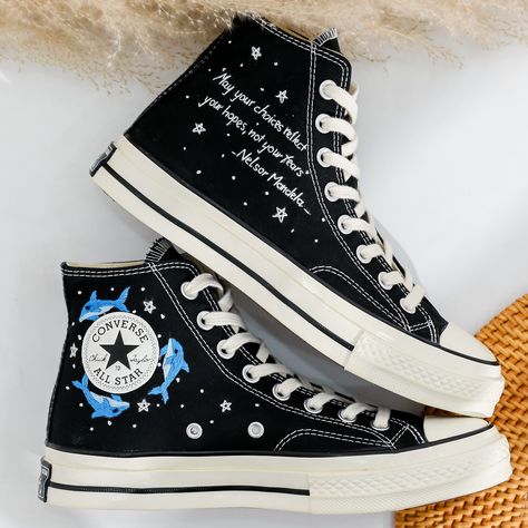 '' Embroidered Shoes, Dolphin Embroidered Converse Custom, Blue Whale Embroidered Sneaker, Ocean Constellation Embroidered Converse Gift for Her, Unique Gifts for Her '' 🍀 Price includes Converse Shoes and Floral Embroidery Designs as shown 🍀 🍀 Shoe Type: Converse 1970s 🍀 Shoe color:3. Black_1970s 1. DETAILS 🍀 You can send me your Converse, Vans, canvas shoes or I can buy them for you. Custom-ordered embroidered Vans and Converse shoes, please wait another 2-4 days. Each pair is hand embroi Sewing Converse, Shark Converse, Drawn On Converse, Design Converse, Embroidery Sneakers, Converse Embroidery, 1970s Shoes, Embroidered Vans, Whale Embroidery