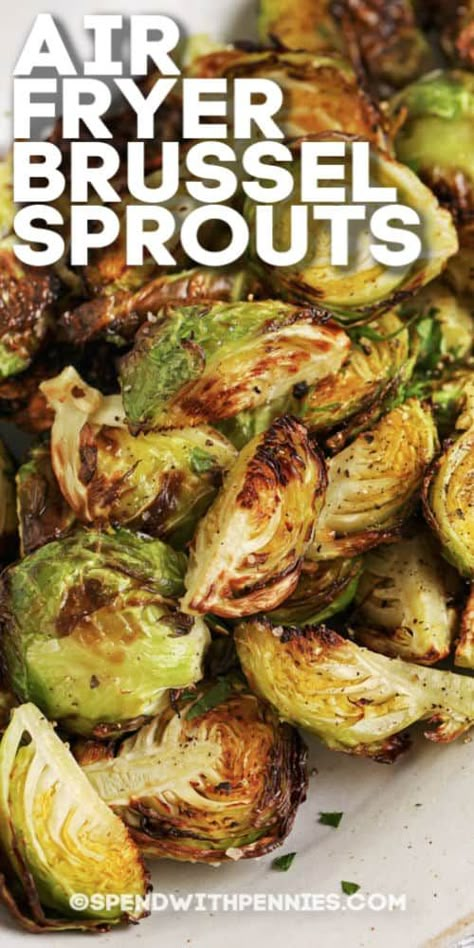 For a quick and easy side dish try this air fryer brussels sprouts recipe! Made with just 3 ingredients and ready in under 15 minutes it is the perfect last-minute side. #spendwithpennies #airfryerbrusselsprouts #brusselssprouts #brusselsprouts #airfryer #easyairfryerrecipe Brussel Sprout Recipe, Air Fryer Brussel Sprouts, Air Fryer Brussels Sprouts, Sprout Recipe, Cooking Brussel Sprouts, Sprouts Recipe, Asparagus Recipes, Air Fryer Oven Recipes, Sprout Recipes