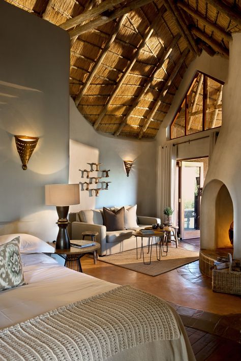 Perched high up on the Madikwe hillside, Dithaba Lodge offers a unique Safari experience, with endless savannah, woodland and… African Spa, Safari Lodge Interior, Circular House, African Lodge, Lodge Ideas, Lodge Design, African House, African Interior, Game Lodge