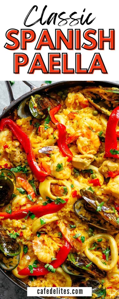 This Classic Spanish Paella rivals any restaurant paella. This is one of the most popular dishes to come out of Spain! Complete with the toasty, crispy, golden crust on the bottom (Soccarat) and amazing traditional flavours, our authentic recipe is versatile so you can easily alter the recipe to suit your own tastes! Traditional Spanish Paella Recipe, Best Paella Recipe, Spanish Paella Recipe, Mixed Seafood Recipe, Paella Recipe Seafood, Spanish Paella, Popular Dishes, Paella Recipe, Spain Food