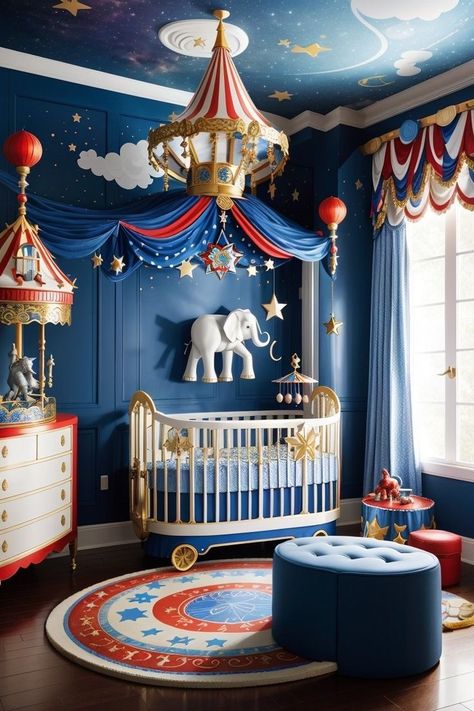 Fall Nursery Theme: Circus Carnival – SeasonOverload Nursery Ideas Magical, Circus Nursery Theme Vintage, Circus Themed Nursery, Circus Theme Nursery, Aladdin Nursery, Bold Nursery Ideas, Circus Theme Room, Circus Baby Room, Circus Nursery Theme