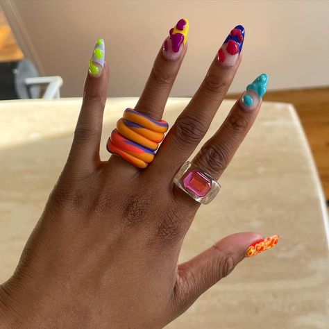 NAOMI ELIZÉE on Instagram: “Blob nails by my girl @ajackdannie 💖💚💜💙💛🧡 inspired by @bamnailstudio and @sethrogen 😝” Blob Nails, Turquoise Ring, My Girl, Turquoise, Engagement Rings, Nails, On Instagram, Instagram