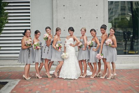 .. Summerour Studio Wedding, Light Grey Bridesmaid Dresses, Grey Bridesmaids, Grey Bridesmaid Dresses, Bridesmaid Dress Colors, Theme Color, La Wedding, Photo Couple, Chiffon Bridesmaid