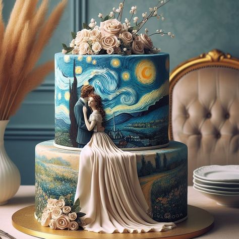 Van Gogh’s palette meets the wedding day.Which one steals your heart?💙 . . Allvangogh x ai. . #allvangogh #vangogh #vincentvangogh #vangoghinspires #vangoghpaints #vangoghmuseum #vangoghmuseum #vincent #vangoghexperience #vangoghart #wedding #weddingcake #weddingcakes Van Gogh Wedding Dress, Van Gogh Wedding Cake, Van Gogh Starry Night Wedding Theme, Van Gogh Cake, Van Gogh Wedding, Gogh Cake, Impressive Cakes, Starry Night Wedding Theme, Drawing Cake