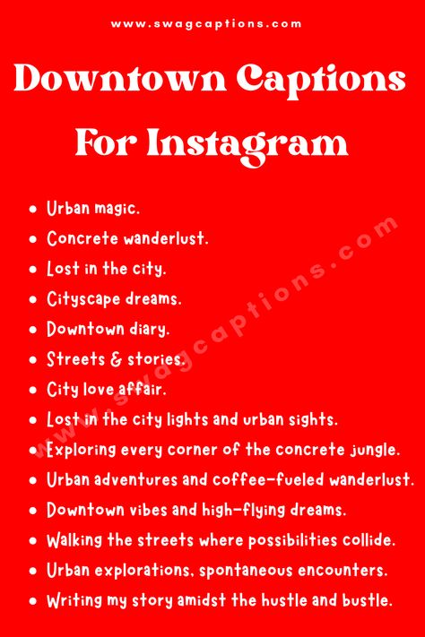 Explore the heart of the city with these trendy downtown captions for Instagram! Whether you're strolling through bustling streets, sipping coffee at a chic cafe, or admiring the city lights at night, we've got the perfect captions to capture the essence of urban life. Elevate your cityscape posts and let your followers in on the magic of downtown living. #downtown #photography #city #architecture #travel #toronto #love #dubai #instagood #losangeles #fashion #canada #miami #chicago You Lit Up My Life, Living The Life Captions, City Lights Aesthetic Captions, Caption For City Pictures, Street Light Captions Instagram, New City Captions, City Aesthetic Captions, Captions For Street Pictures, History Museum Captions Instagram