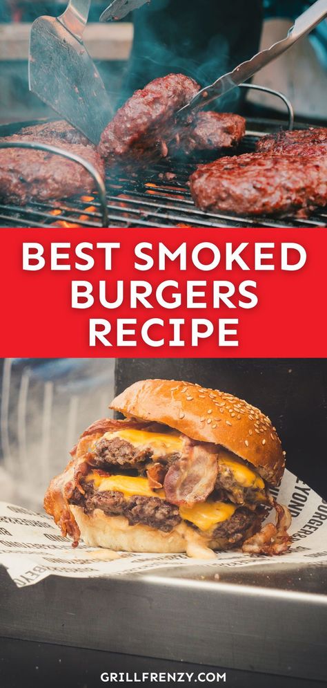 These smoked burgers have become my absolute new obsession on my Traeger pellet grill! Topped with gooey American cheese, burger sauce, and your favorite veggies, this is one of the best burgers you'll ever have and will become a go-to smoker recipe. | smoked beef burger | smoked burgers recipes beef | how to smoke beef burger | smoked cheese burger recipe | best smoked burger recipe | smoked burger recipes Best Smoked Burger Recipe, Burgers On Traeger Grill, Pellet Grill Hamburgers, Burgers On The Smoker, Smoked Burgers Traeger, Pit Boss Burgers, Smoked Hamburger Recipes, Smoked Burgers Recipes, Pellet Grill Burgers