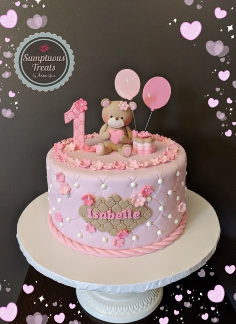 Teddy's Pink 1st Birthday Cake #pinkcakes #circlepattern #1stbirthdaycakes #fondantcakes #customcakestoronto #cutecakesart #teddybear #teddybearcake #lemonraspberry www.instagram.com/sumptuoustreats Pink 1st Birthday Cake, 1st Birthday Cake Designs, Teddy Bear Birthday Cake, Birthday 1 Year, Baby 1st Birthday Cake, Simple Birthday Cake Designs, Pink 1st Birthday, Girls First Birthday Cake, Teddy Cakes