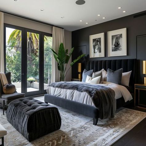 Luxury Farmhouse Bedroom Master, Master Bedrooms Charcoal, Black Bed Interior Design, Bedroom Ideas Balcony, Room Decor With Black Bed, Bedroom One Black Wall, Modern Contemporary Master Bed, Black Glass Bedroom Furniture, Black Bed Ideas Bedrooms