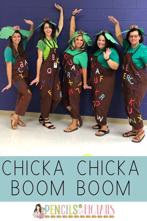 We dressed up as Chicka Chicka Boom Boom trees for an afternoon our students would never forget! This is the best book to use with preschool, kindergarten, and first grade students to incorporate STEM activities that keep students engaged while working on their names, recognizing the alphabet, fun crafts, comprehension skills, and more! #chickachickaboomboom #alphabetactivities #kindergarten #preschool Chicka Chicka Boom Boom Costume, Teacher Halloween Costumes Group, Chicka Chicka Boom Boom Tree, Story Book Costumes, Storybook Character Costumes, Book Characters Dress Up, Book Character Day, Tree Costume, Teacher Halloween Costumes