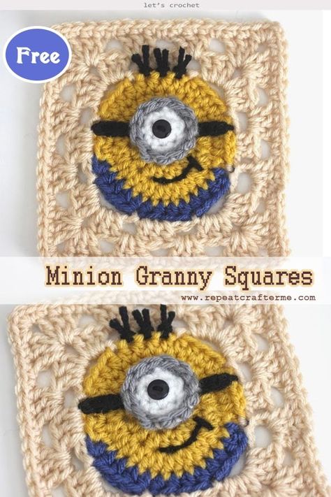 Crochet Minion Granny Squares Free Pattern Minion Granny Square, Different Size Granny Square Blanket, Crochet Fun Granny Square, Crochet Disney Granny Squares, Crochet Minion Free Pattern, Eye Crochet Blanket, Crochet Granny Square Unique, Fun Crochet Squares, Fun Granny Square Crochet Pattern