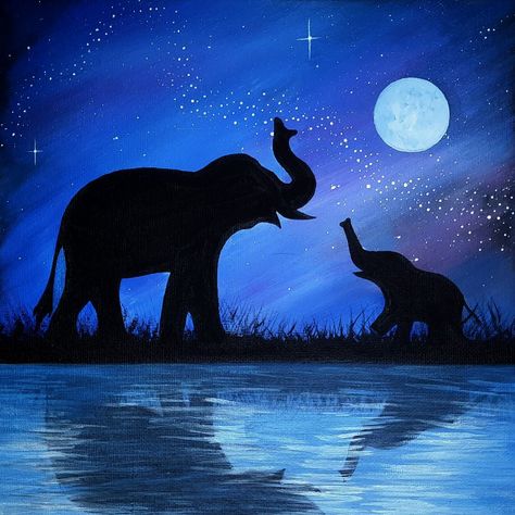 Elephants under a star filled night sky (acrylic painting) Night Time Painting Ideas, Animal Silhouette Painting, Elephant Silhouette Painting, Elephant Painting Canvas Acrylics, Elephant Painting Simple, Elephant Painting Ideas, Elephant Painting Acrylic Easy, Elephant Drawing Realistic, Acrylic Painting Night Sky