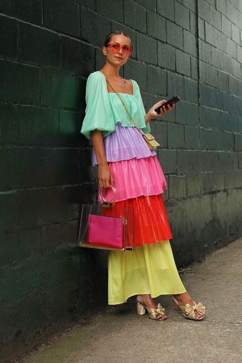 Formal Wear Women, Millennials Fashion, Bright Dress, Rainbow Fashion, Tiered Ruffle Dress, High Waist Fashion, Colourful Outfits, Mode Inspiration, Colorful Fashion