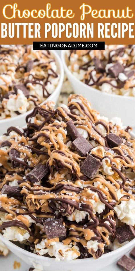 If you are needing a fun and easy snack, make Homemade Chocolate Peanut Butter Popcorn. Loaded with sweet and salty flavor that is always delicious. This sweet treat is budget friendly and perfect for any occasion. Feel free to add different chocolate chips or candy to make it your own. This popcorn mixture would also make the perfect holiday gift. #eatingonadime #chocolatepeanutbutterpopcorn #popcornrecipe Chocolate Peanut Butter Popcorn, Popcorn Recipes Chocolate, Homemade Chocolate Peanut Butter, Chocolate Drizzled Popcorn, Popcorn Recipes Sweet, Popcorn Recipes Easy, Chocolate Covered Popcorn, Peanut Butter Popcorn, Caramel Corn Recipes