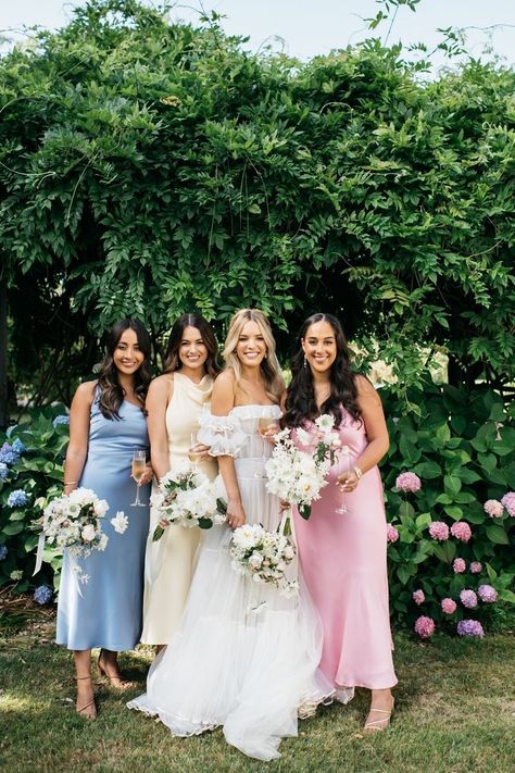 Clare and Jono — Maple and June Mismatched Bridesmaid Dresses Small Wedding Party, 3 Bridesmaids Pictures, Wildflower Bridesmaids, Small Bridal Party, Fancy Garden, Maid Of Honor Dresses, Small Bridal Parties, Pastel Bridesmaids, Best Of 2022