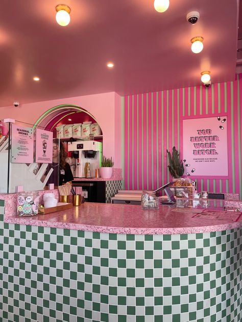 Girly Cafe, Aesthetic Cafes, Pink Restaurant, Colorful Cafe, Bakery Shop Design, Pink Cafe, Bakery Design Interior, Bubble Tea Shop, Themed Cafes