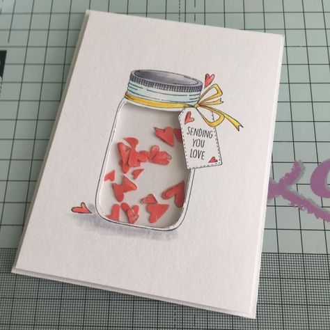 shaker card tutorial 7 Shaker Cards Tutorial, Mason Jar Cards, Jar Of Hearts, Hearts Card, Love Jar, Diy Valentines Cards, Volunteer Gifts, Valentine Cards Handmade, Creative Scrapbook