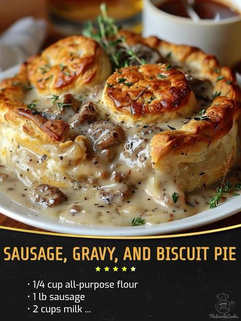 Kylie Recipes | Sausage, Gravy, and Biscuit Pie | Facebook Sausage In Tomato Gravy, Southern Breakfast Enchiladas With Gravy, Biscuits And Sausage Gravy Breakfast Pizza, Sausage Gravy Biscuit Pie, Sausage Gravy And Biscuit Pie, Grands Biscuit Recipes Dinners, Sausage And Gravy Biscuits, Gravy Meals, Chorizo Gravy