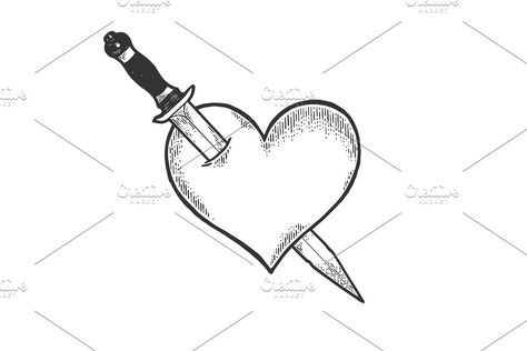 Knife In Heart Drawing, Knife In Heart Tattoo, Heart With Knife Tattoo, Knife Through Heart Tattoo, Knife Through Heart, Heart With Knife, Wood Sketch, Heart Knife, Tattooed Lady