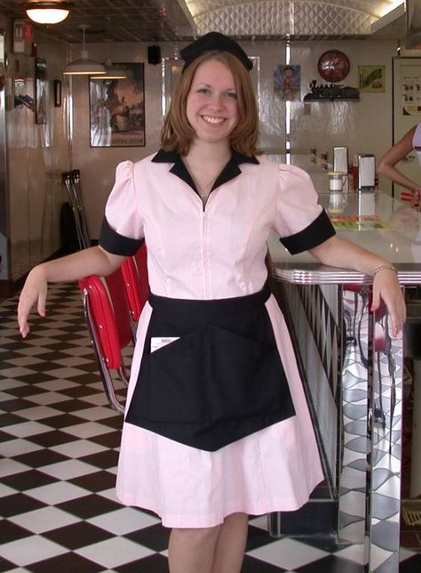 1980s waitress | 1950'S Waitress Uniforms | Top row: Diner waitress pink and black ... Waitress Outfit Black, Waiter Outfit, Waitress Outfit, Waitress Uniform, Restaurant Uniforms, Maid Uniform, Retro Diner, Cute Halloween Costumes, Maid Dress