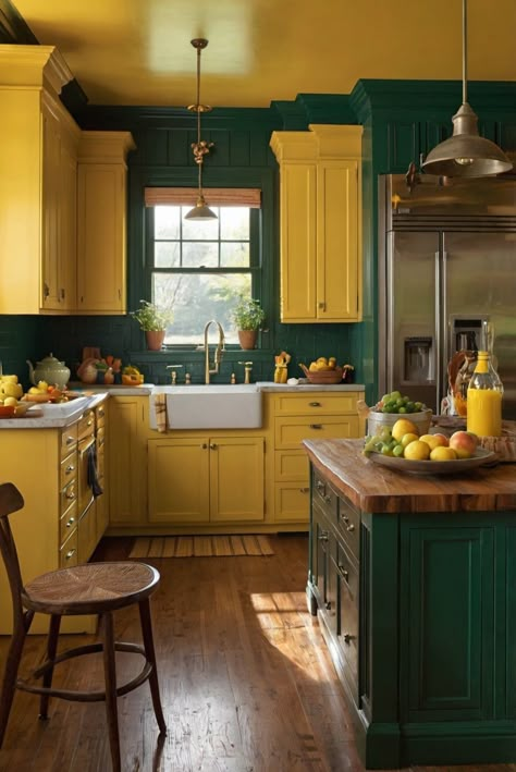 yellow kitchen decor, kitchen design ideas, kitchen remodels, kitchen decorating ideas Yellow Kitchen Dark Wood Cabinets, Retro Yellow Kitchen, Yellow Accent Kitchen, Yellow Kitchen Aesthetic, Yellow And Green Kitchen, Green And Yellow Kitchen, Yellow Kitchen Ideas, Yellow Country Kitchens, Yellow Kitchens