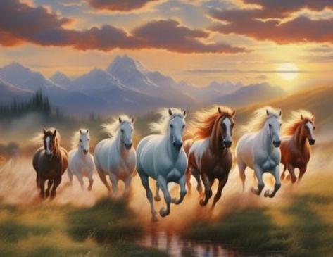 7 Horse Painting On Canvas, Seven Running Horses Painting, Seven Horses Painting Vastu, 7 Horses Running Painting Vastu, Running Horses Painting, Seven Horses Painting, Horses Wall Art, Room Decor Canvas, Horse Wall Art Canvases